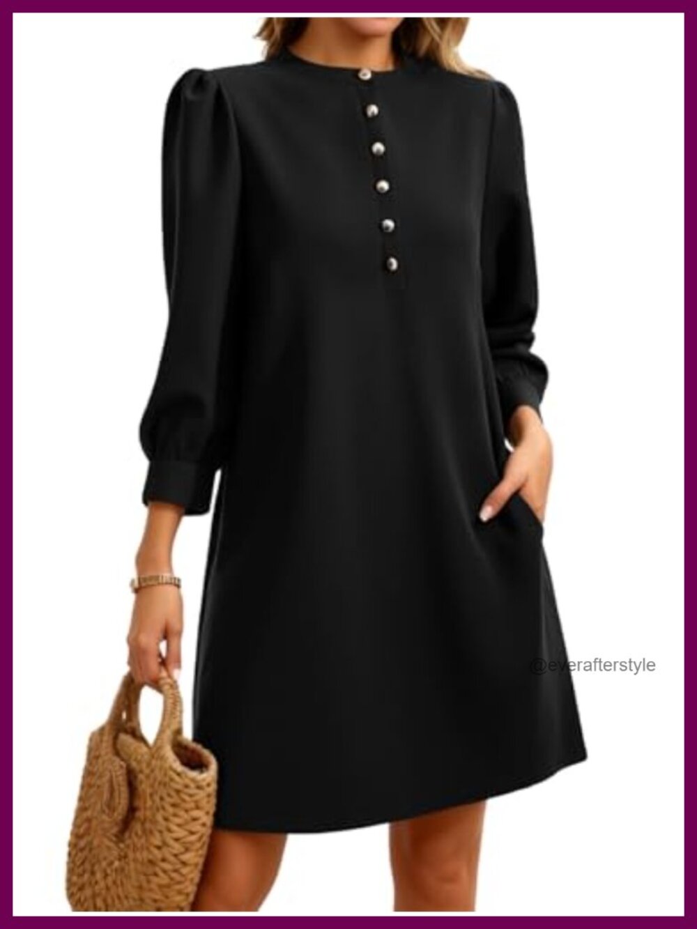 Wenrine Womens 3/4 Puff Sleeve Mini Dress Button Crewneck Casual Business Shift